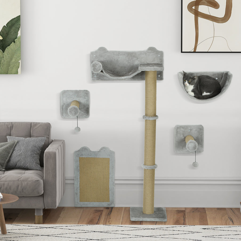5-teiliges wandmontiertes Kletterset für Hauskatzen mit Kratzpfosten, Kratzmatte, Katzenbett, Spielzeugbällen, Hellgrau