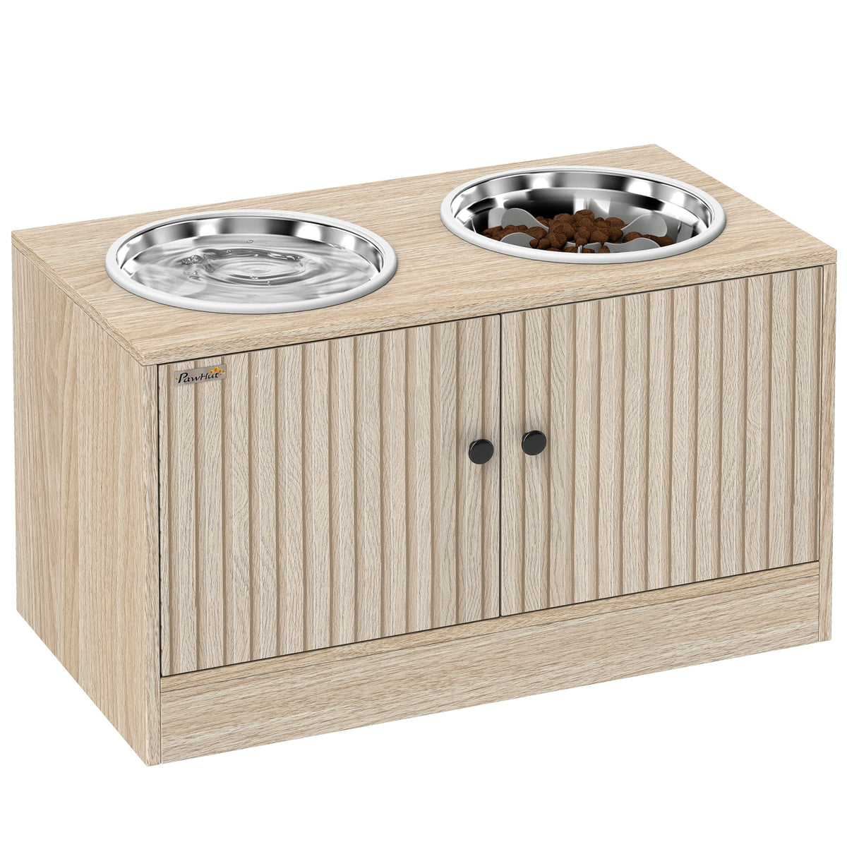 Hundefutterstation mit 2 Edelstahl-Näpfen, Schrank für Utensilien, für große Hunde, Zubehör, Holz