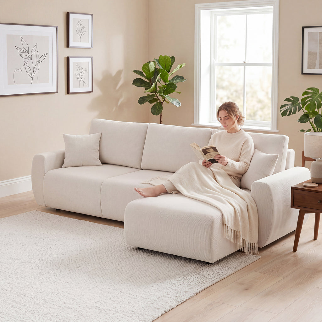 Schlafsofa mit Umkehrbarer Chaiselongue, L-förmiges 3-Sitzer Sofa aus Veloursbezug, Cremeweiß