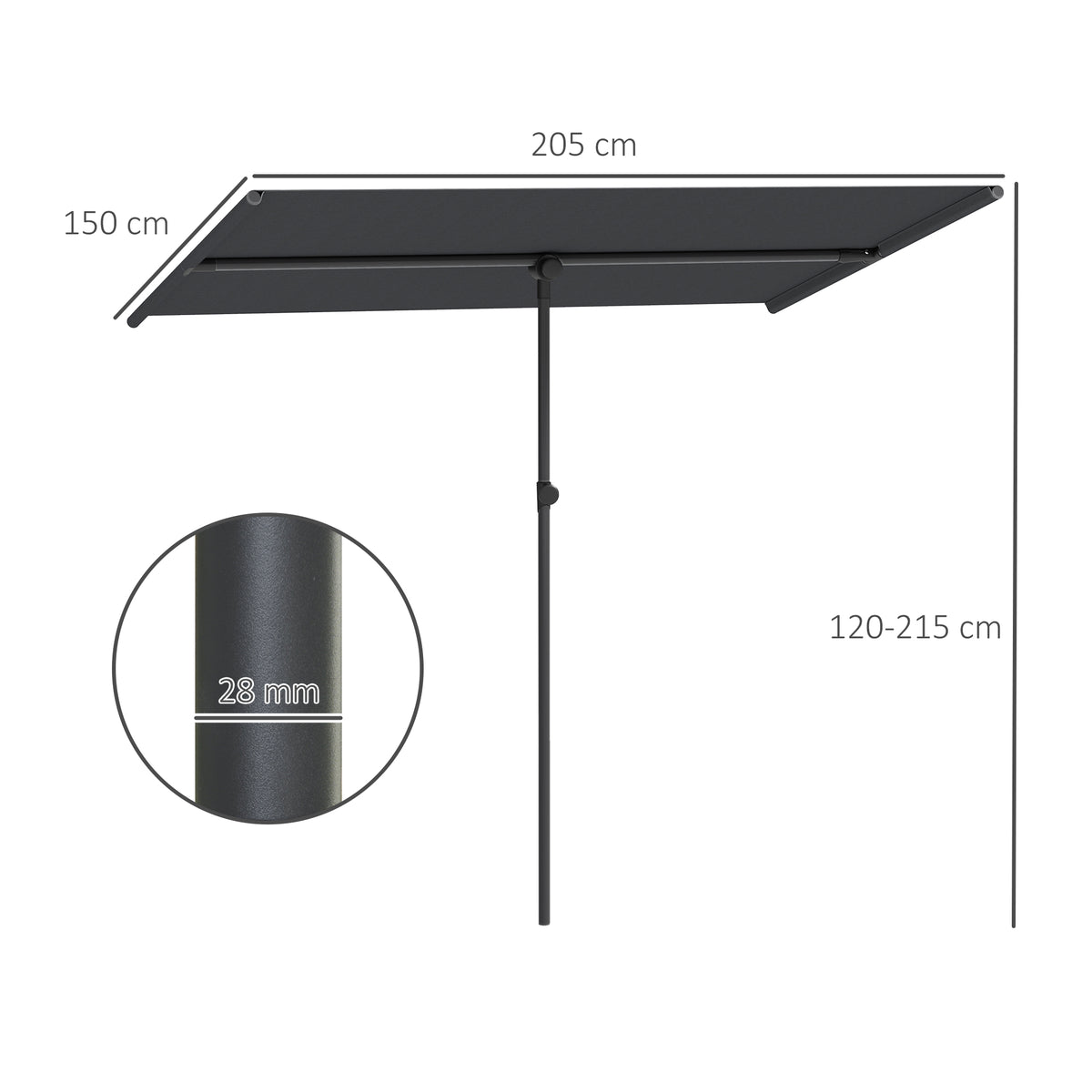 Sonnenschirm 180 Grad drehbar H?henverstellbar Gartenschirm mit Aluminium-Mast 150x205cm Dunkelgrau