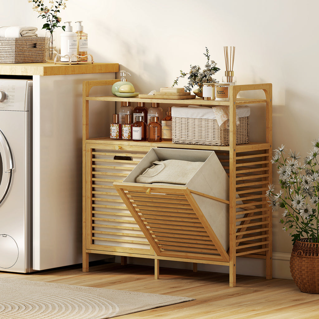 Double Tilt Out Bamboo Laundry Cabinet, Freestanding Bathroom Cabinet with 2 Removable Baskets, Natural