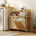 Double Tilt Out Bamboo Laundry Cabinet, Freestanding Bathroom Cabinet with 2 Removable Baskets, Natural