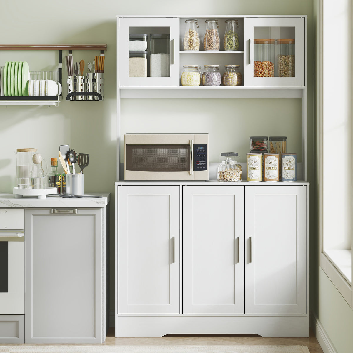 K¨¹chenschrank, Skandinavisches Design, 4 Schr?nke, verstellbare Regale, Glast¨¹ren, offene Fl?che, Spanplatte, MDF, Wei?