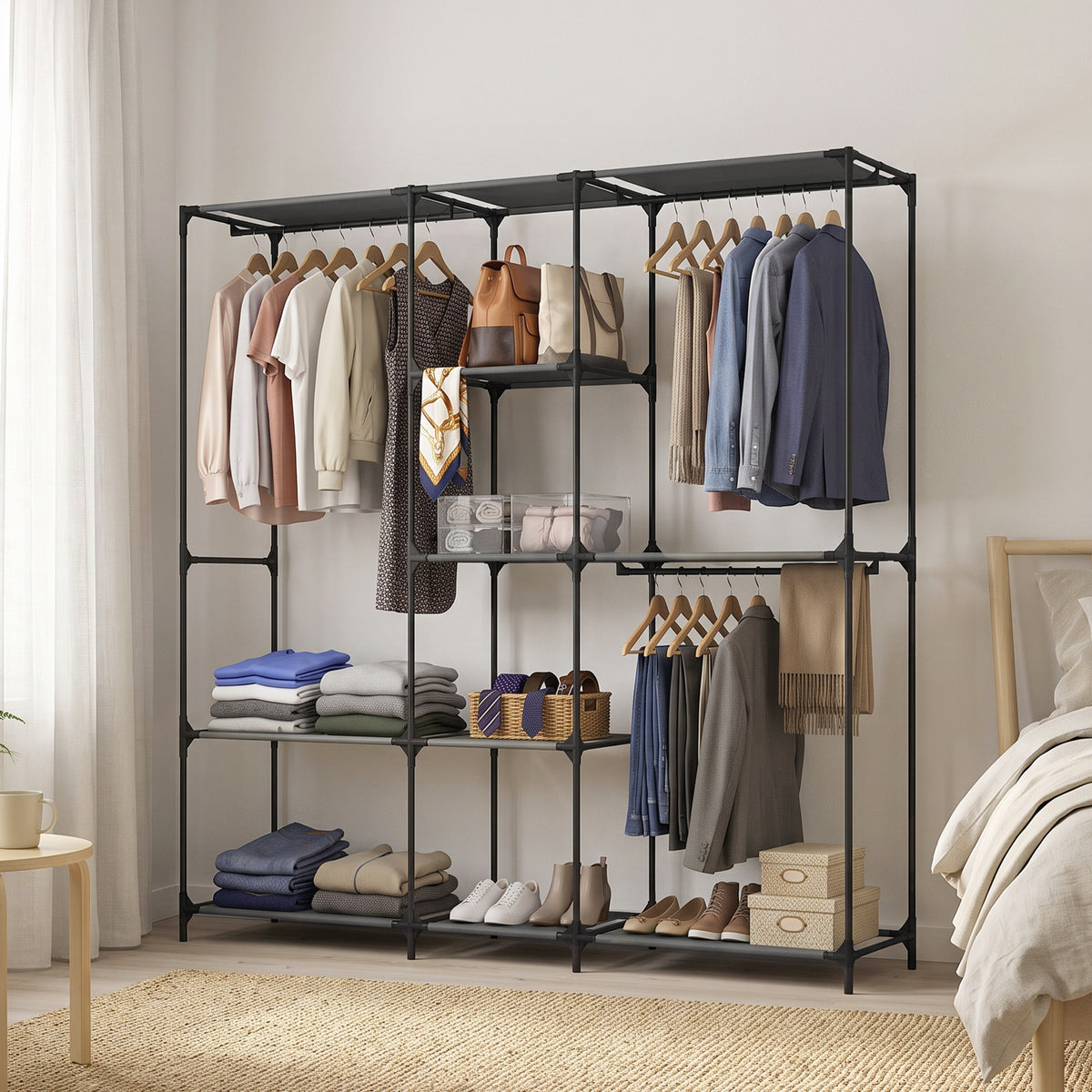 Textil-Kleiderschrank, tragbar, werkzeuglos, mit 3 Kleiderstangen und 5 Ablagen, 182 x 43 x 182 cm, Schwarz