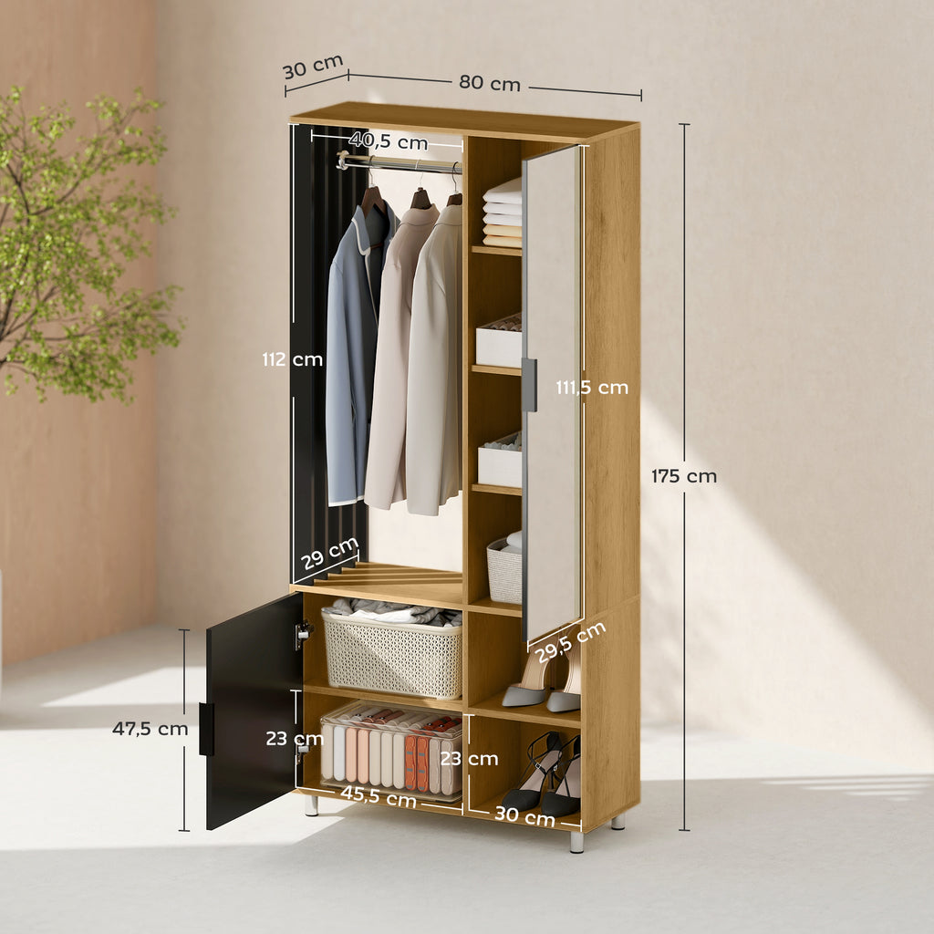Kleiderschrank mit Spiegel und H?ngestange, Aufbewahrungsf?cher, offene Ablagefl?chen, Naturholz, Schwarz