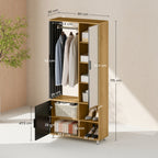 Kleiderschrank mit Spiegel und H?ngestange, Aufbewahrungsf?cher, offene Ablagefl?chen, Naturholz, Schwarz