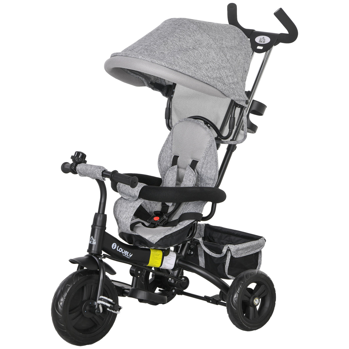 6 in 1 Kids Trike Push Bike w/ Push Handle, Canopy, 5-point Seat Belt, Storage, Footrest, Brake, for 1-5 Years, Grey