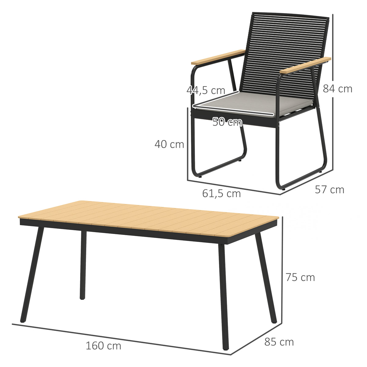 Sitzgruppe 7-teilig Metall Essgruppe für 6 Personen Esstisch mit Tisch 6 Stühlen Esszimmergruppe Naturholz+Schwarz
