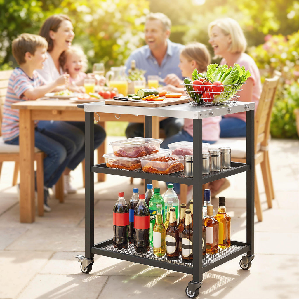 Outdoor Grill Cart with Stainless Steel Tabletop, 3-Tier Pizza Oven Stand with Adjustable Shelf, Hooks, Wheels, Black