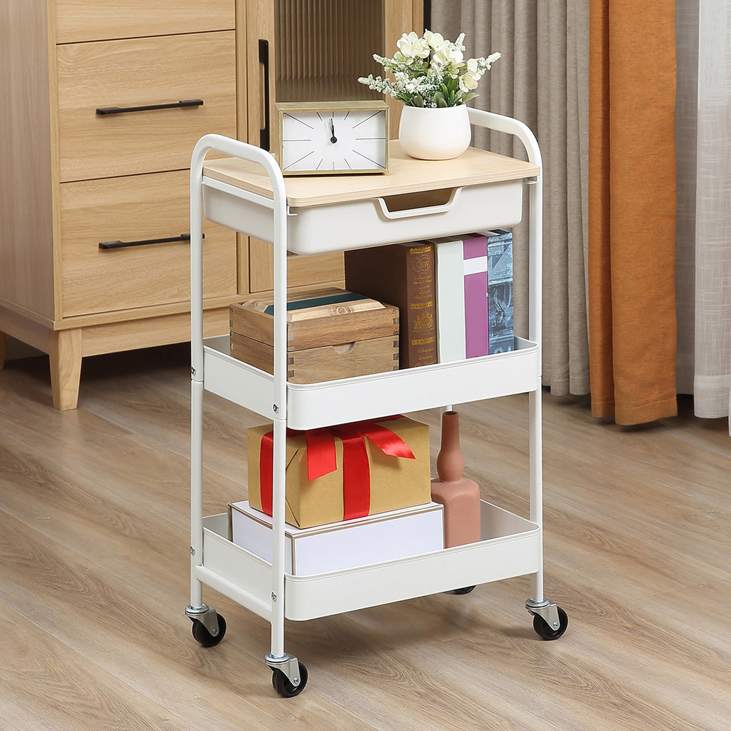 Rollbarer K¨¹chenwagen, 2 Regale, Schublade, Ablage, 4 Rollen, Griffe, Stahl, Wei?