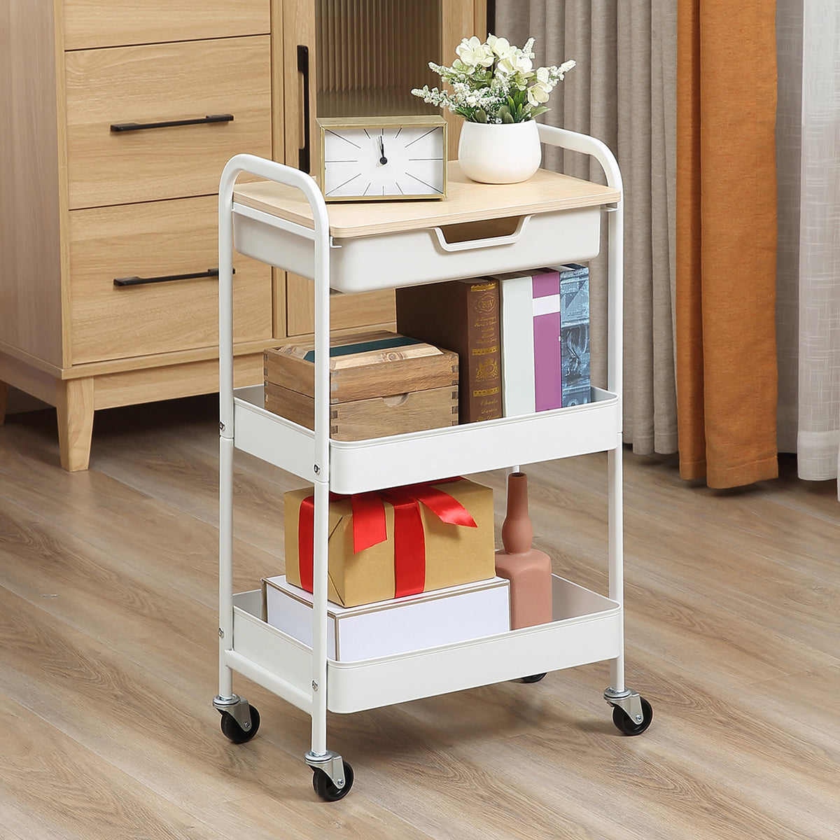 Rollbarer K¨¹chenwagen, 2 Regale, Schublade, Ablage, 4 Rollen, Griffe, Stahl, Wei?