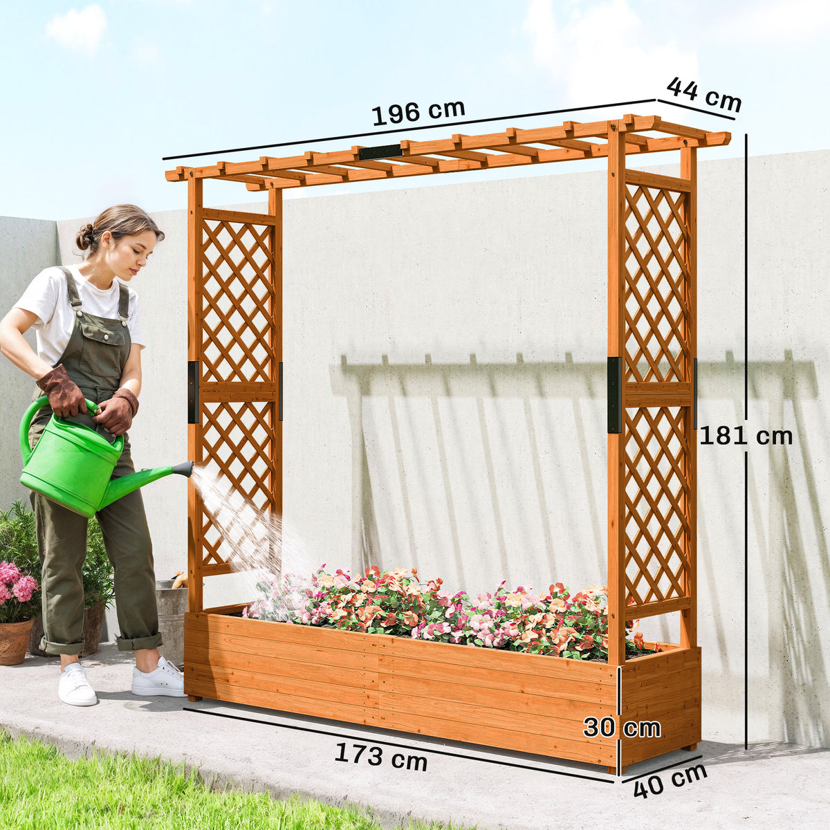 Hochbeet mit Rankengitter und Dach, f¨¹r Blumen, Obst, Gem¨¹se, Kr?uter, 196 x 44 x 181 cm, Holz, Orange