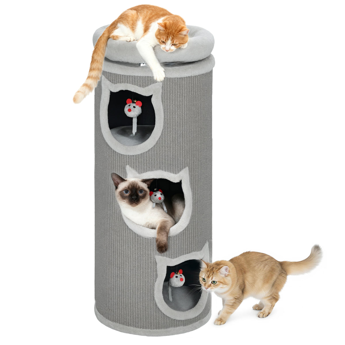 Katzenkratzfass, 96 cm, 4-Ebenen-Katzenturm mit waschbarem Bett, 3 Schlafhöhlen, Hängespielzeug, für mehrere Katzen Grau