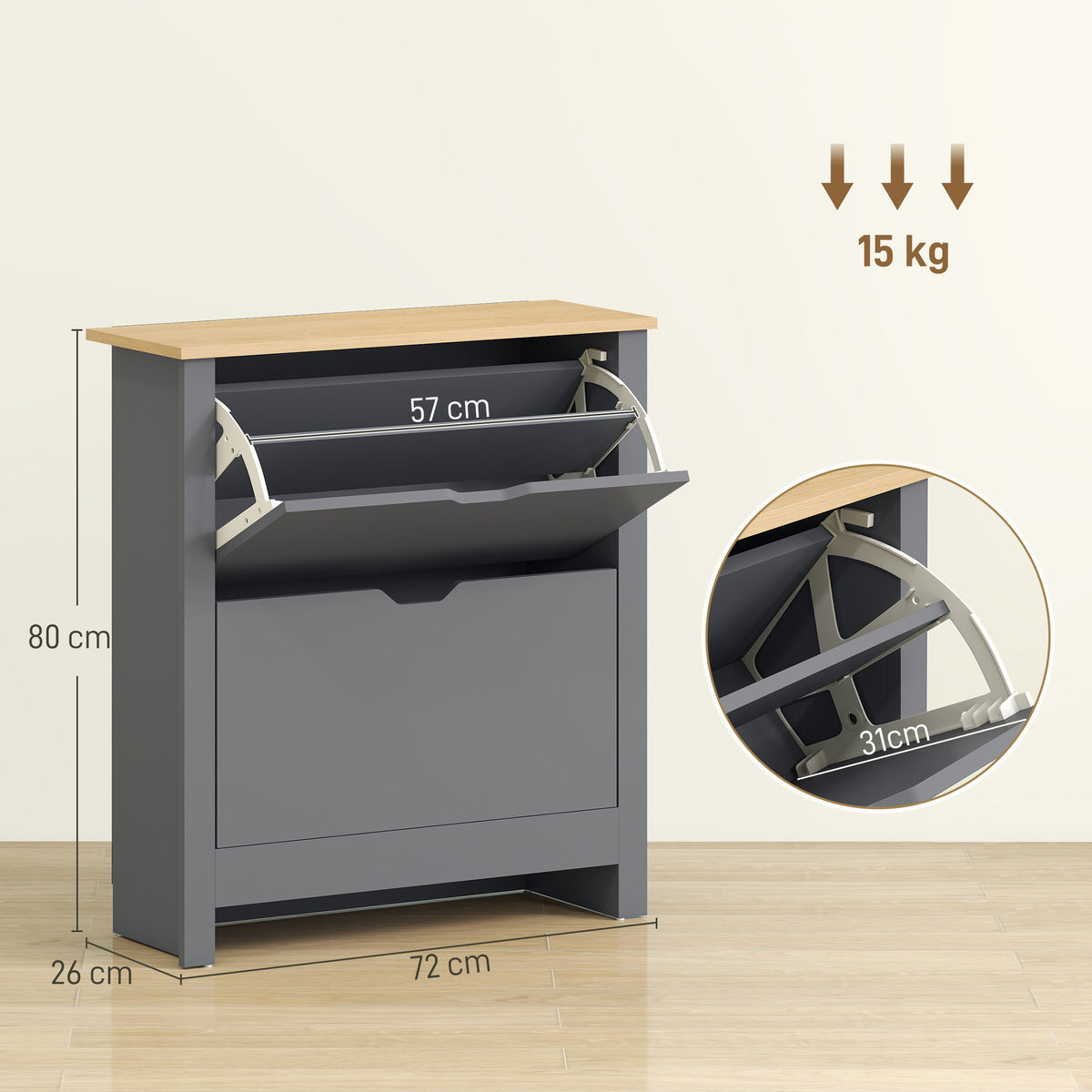 Schuhschrank mit 2 Klappfächern, verstellbar Trennwand für 8-12 Paar Schuhe, 72 x 26 x 80 cm, Dunkelgrau
