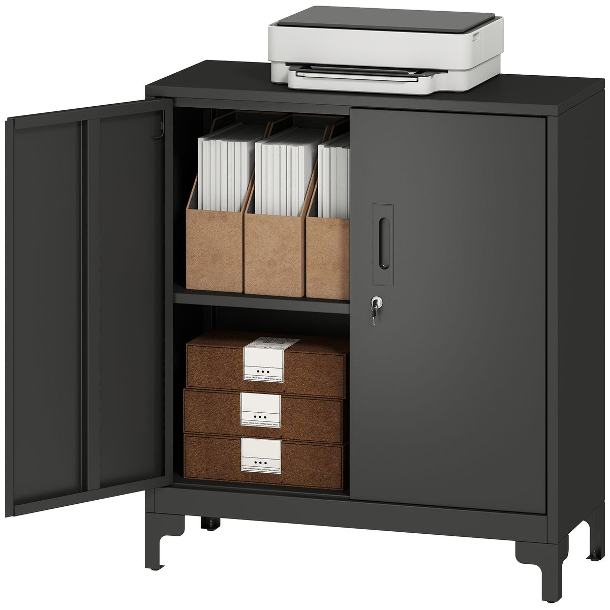 Lockable Metal Filing Cabinet, 2-Tier Storage Cupboard with Double Doors, Modern Office Organiser, Black