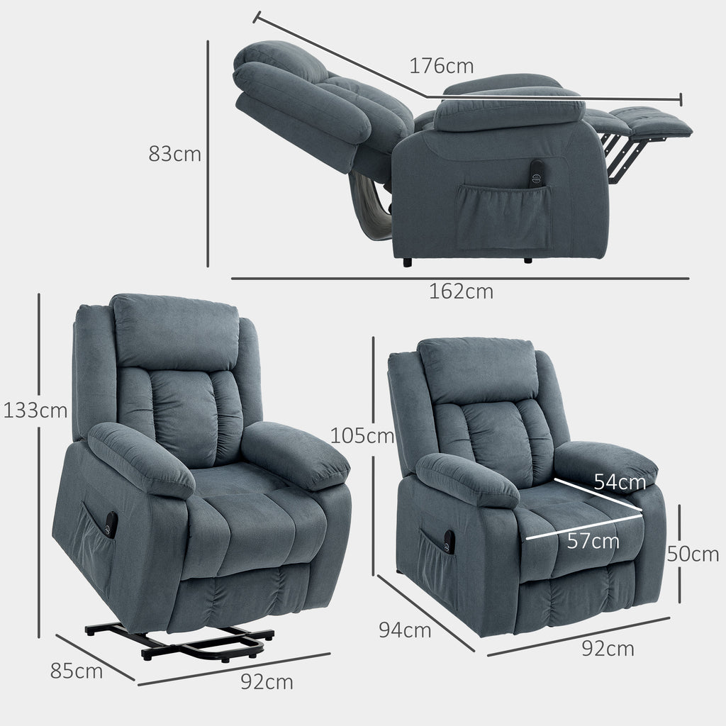 Aufstehsessel mit weichem Bezug, Recliner-Sessel mit Fernbedienung und Seitentaschen, Grau