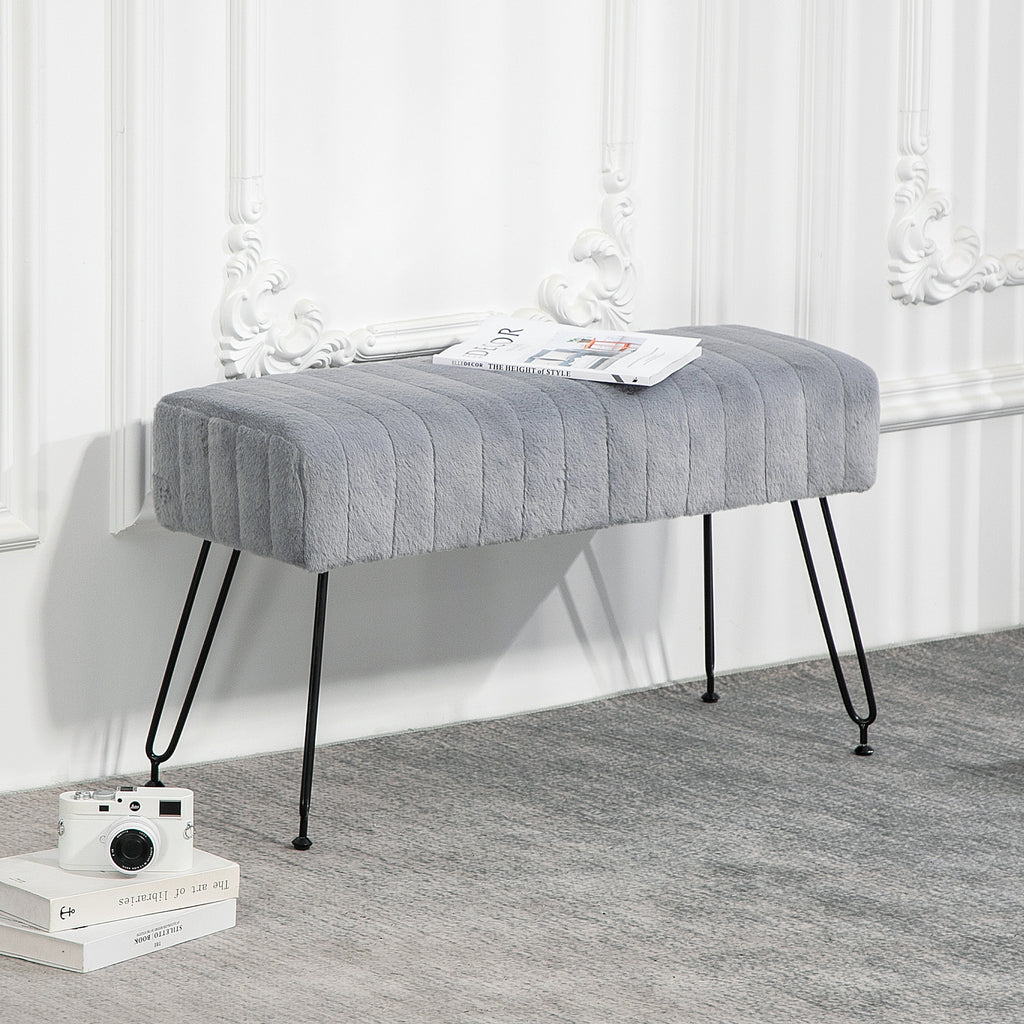 Sitzbank, gesteppter Sitz, Kunstfellbezug, Metallbeine, bis 120 kg, 82x30x47 cm, Grau/Schwarz