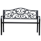 Metal Garden Bench with Floral Backrest and Armrests - Black