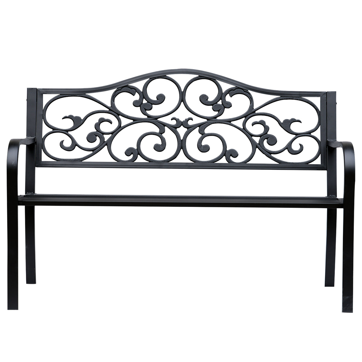 Metal Garden Bench with Floral Backrest and Armrests - Black