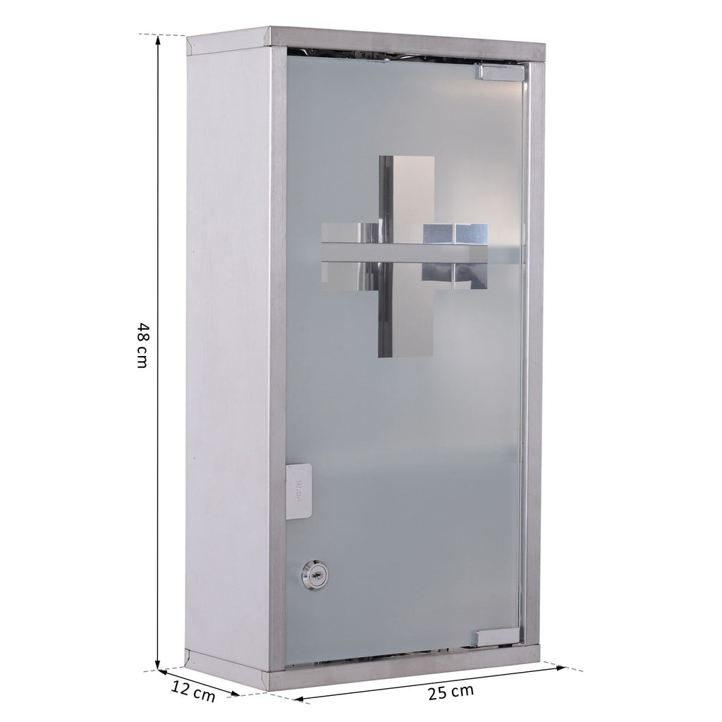 Medizinschrank aus Edelstahl Arzneischrank zur Medikamenten-Aufbewahrung, Abschlie?bar Medikamentenschrank mit 3 F?cher, Glast¨¹r 25 x 12 x 48 cm, Silber