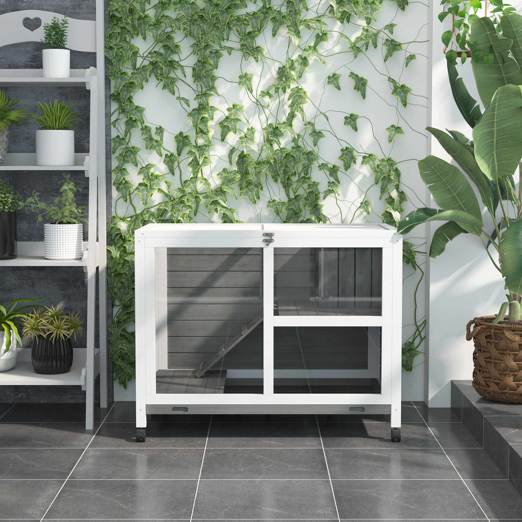 Wooden Rabbit Hutch Indoor with Wheels, Openable Roof, 91.5 x 53.3 x 73 cm, Grey