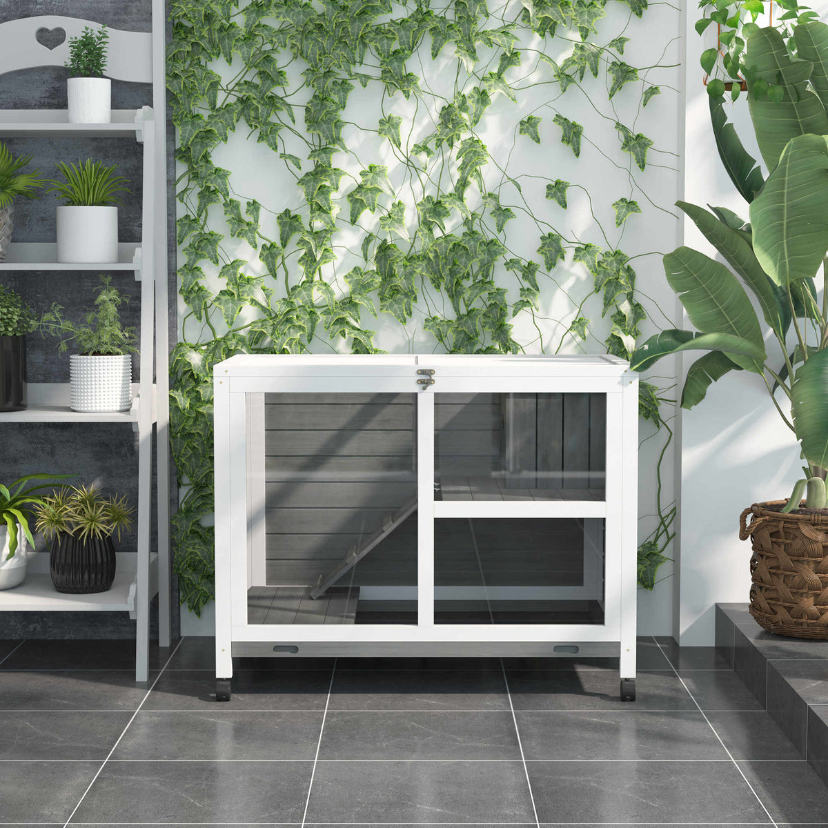 Wooden Rabbit Hutch Indoor with Wheels, Openable Roof, 91.5 x 53.3 x 73 cm, Grey