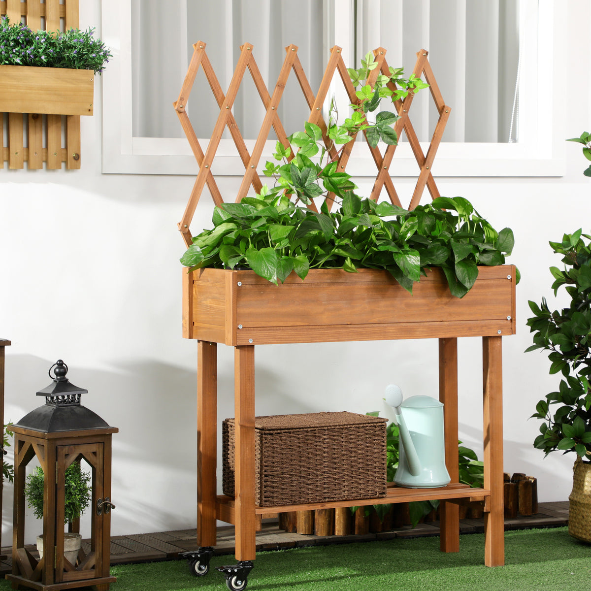 Hochbeet, integriertes Spalier, Ablageregal, R?der, Massivholz, braun, 79 x 29 x 130 cm