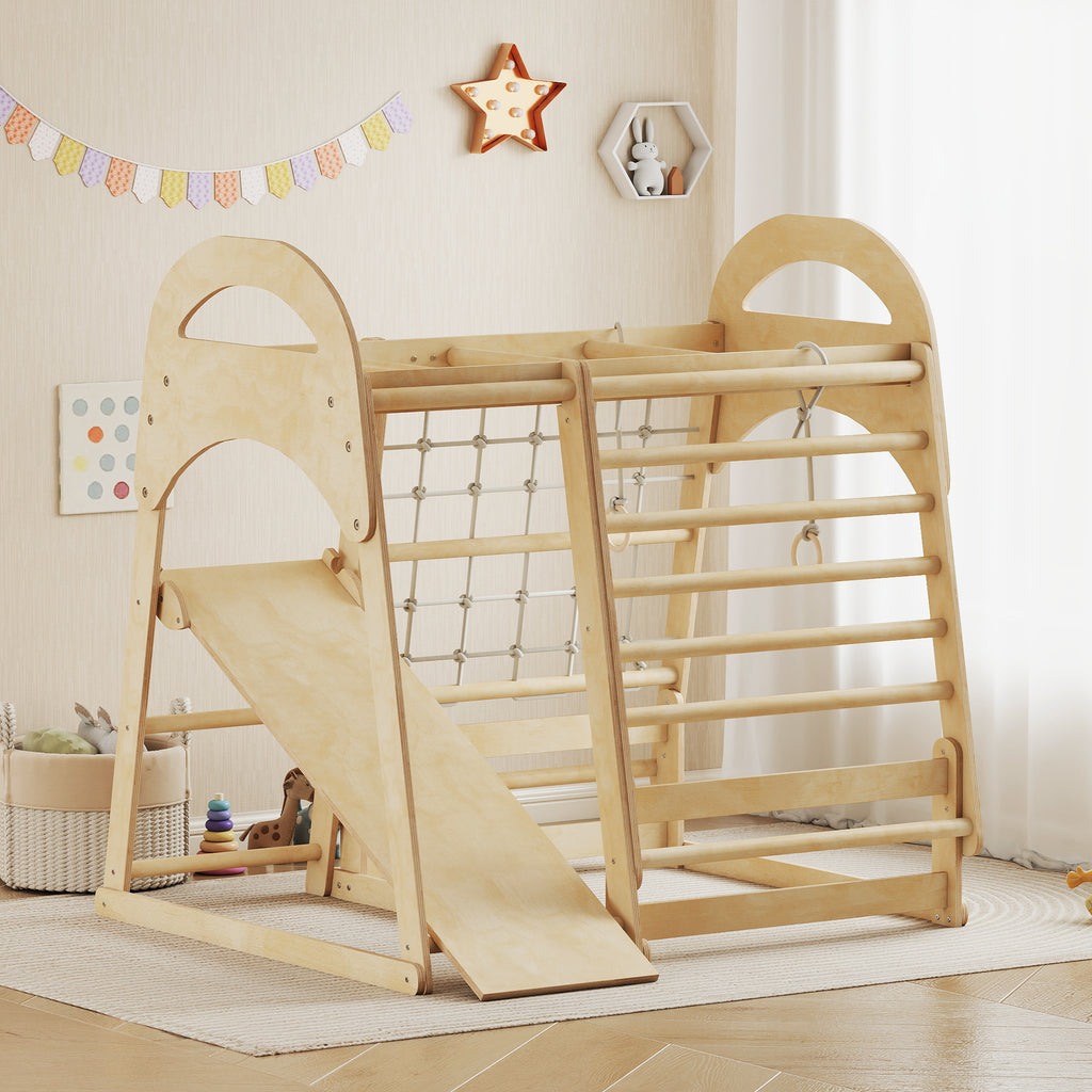 6 in 1 Kids Climbing Frame with Slide, Monkey Bars, Gymnastics Rings, Ladder, Climbing Net, for 3-6 Years, Natural Tone