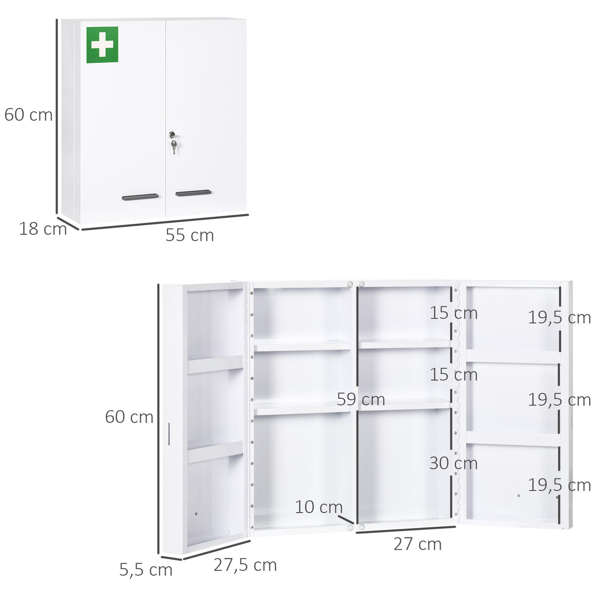 Medizinschrank, 6 Innenf?cher, abschlie?bar, 2 T¨¹ren, stabiles Stahlgeh?use, wei?, 55 x 18 x 60 cm