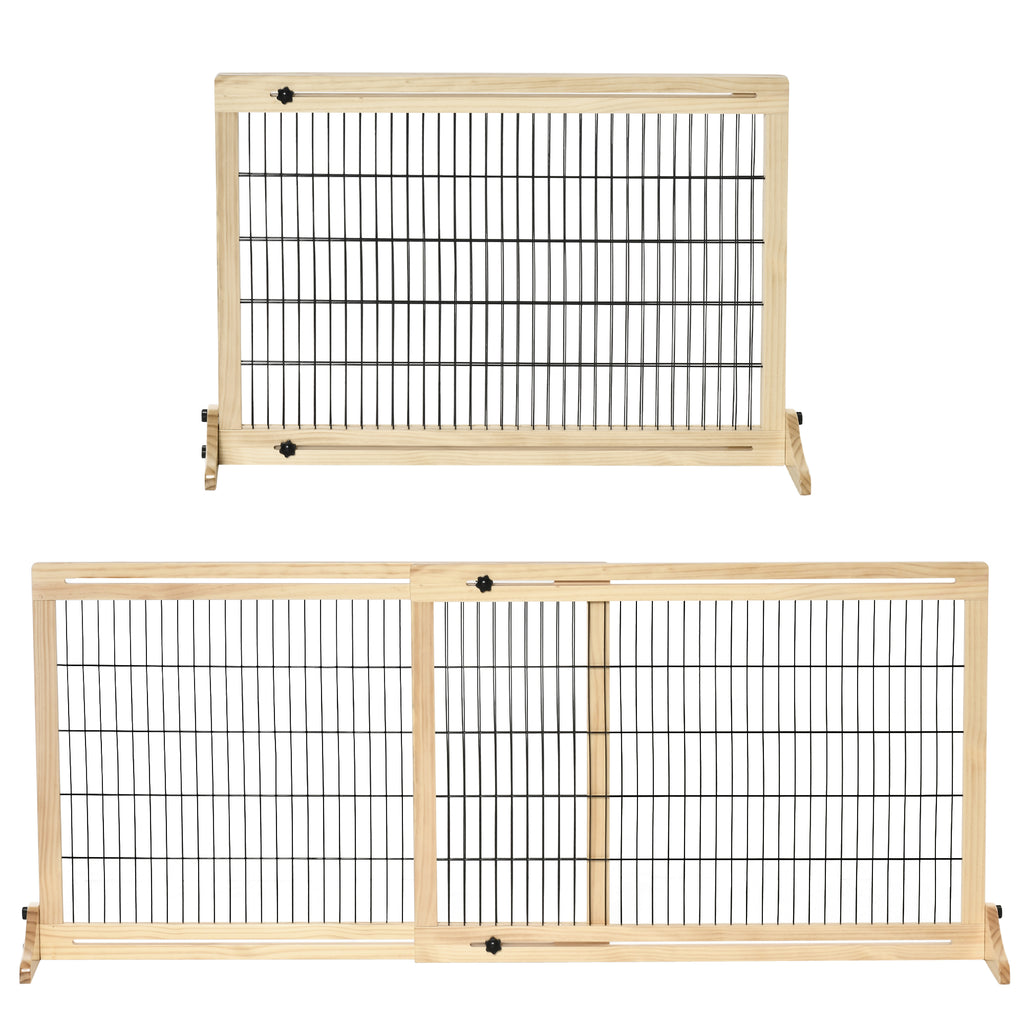 Freestanding Dog Gate, Foldable Pet Fence, Indoor Wood Barrier, Stair Gate with Support Feet, for Doorway, Hallway, Small and Medium Dogs, 69H x 104-180 cm, Natural Wood Finish