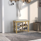 Schuhbank mit Sitzfläche, Bambus Sitzbank mit Stauraum, 2 offene Fächer, Sitzbank 60 x 29 x 49 cm Cremeweiß