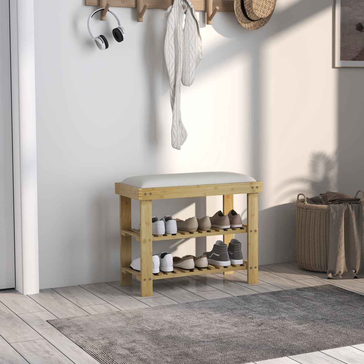 Schuhbank mit Sitzfläche, Bambus Sitzbank mit Stauraum, 2 offene Fächer, Sitzbank 60 x 29 x 49 cm Cremeweiß