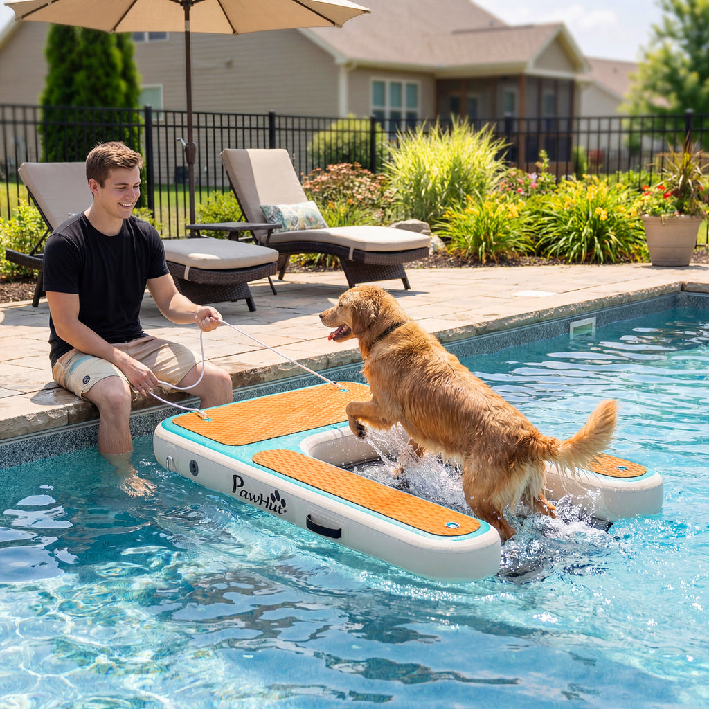 Aufblasbare Hunde Wasserrampe Hunderampe Pool 151x102 cm Tragbares Hundeboot mit Rutschfester EVA-Oberfläche Orange