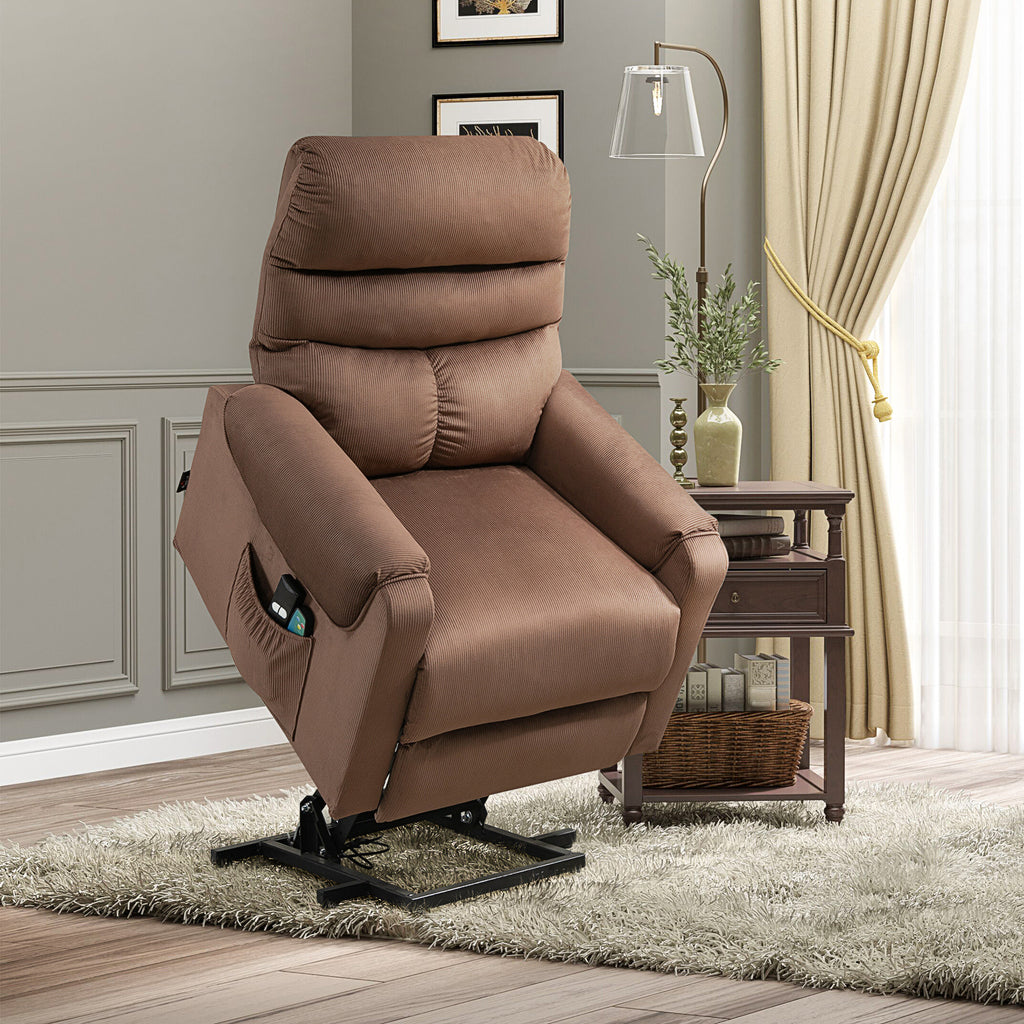 Fernsehsessel mit Aufstehhilfe Elektrisch, Massagesessel mit Liegefunktion und W?rmefunktion, Relaxsessel mit Fernbedienung und Seitentasche Verstellbar Polyester-Gewebe Braun