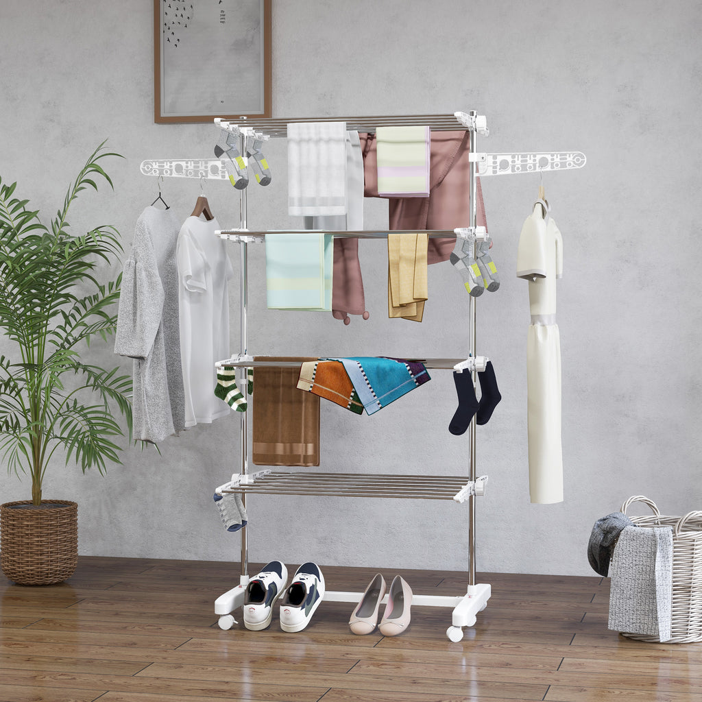 Four-Shelf Collapsing Clothes Horse, With Side Arms and Wheels - White