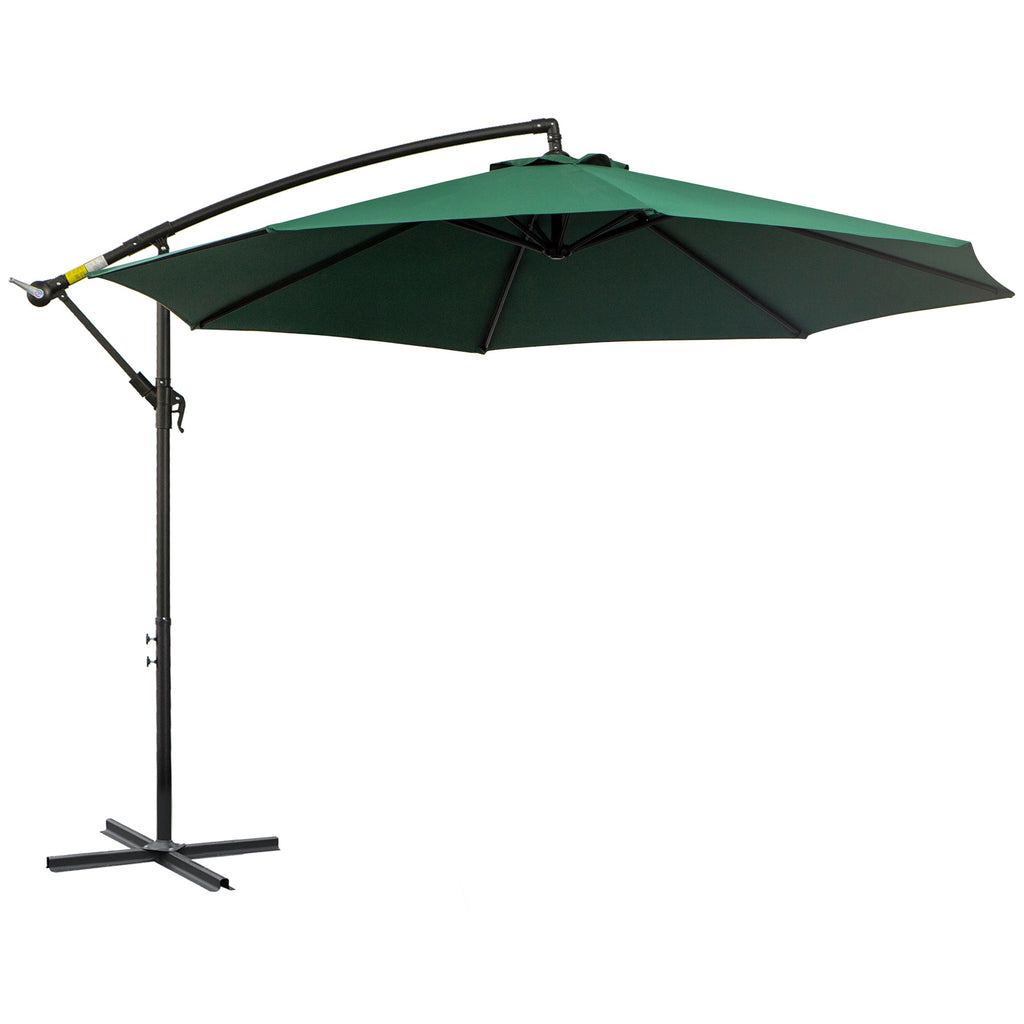 3(m) Garden Banana Parasol Hanging Cantilever Umbrella with Crank Handle, 8 Ribs and Cross Base for Outdoor, Sun Shade, Dark Green