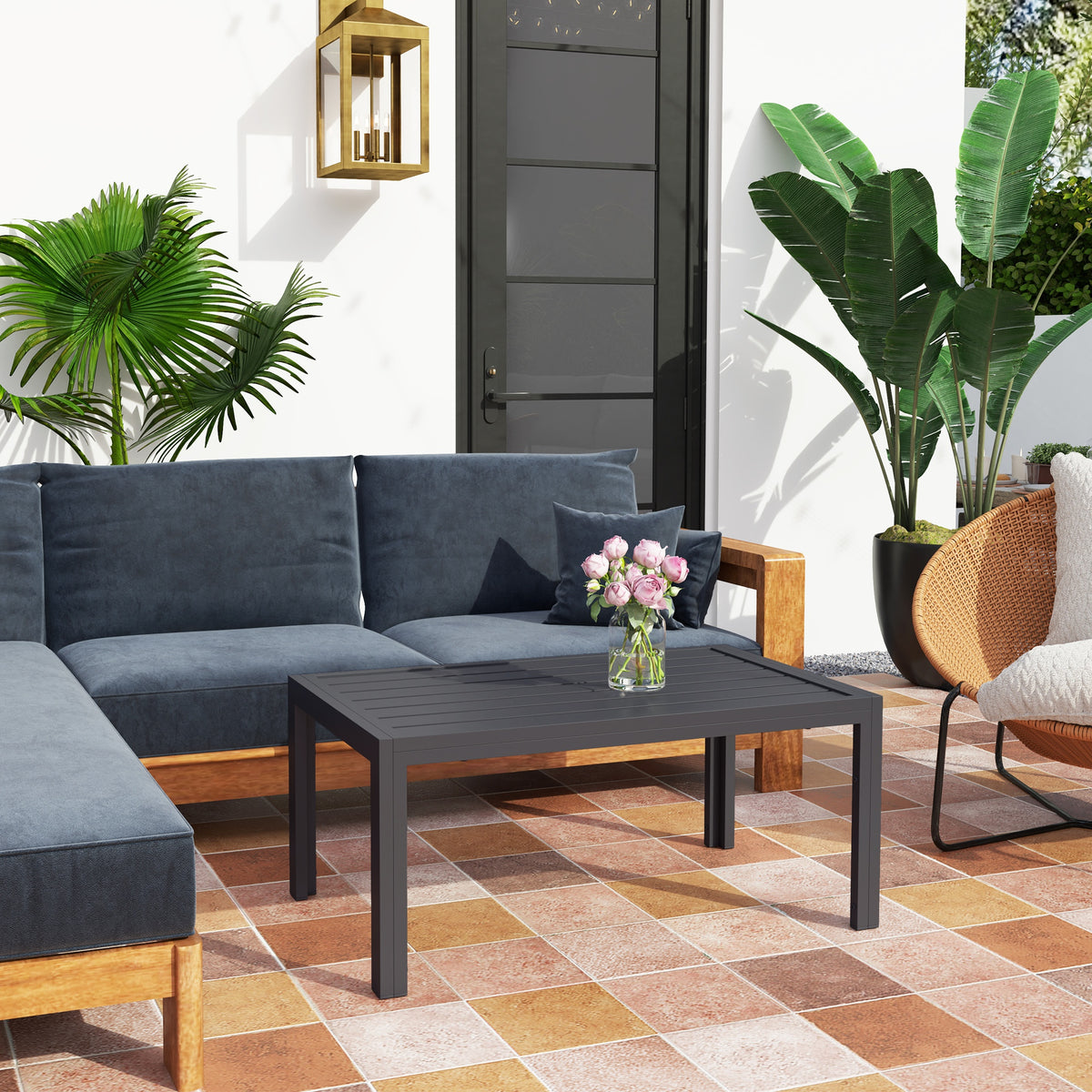 Outdoor Side Table, Rectangular Patio Coffee Side Table with Steel Frame and Slat Tabletop for Garden, Balcony, Grey