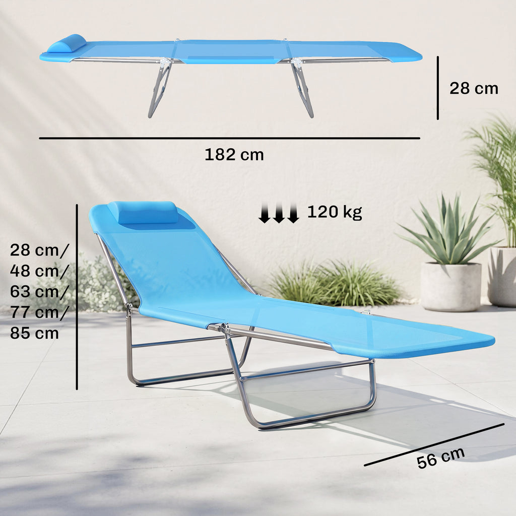 Sonnenliege klappbar Gartenliege mit Kopfkissen, 5-Fach verstellbare R¨¹ckenlehne bis 120 kg Blau