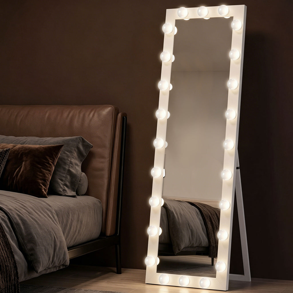 Ganzkörperspiegel 150x40 cm LED Spiegel mit 24 Glühbirnen 3 Lichtfarbe, freistehend oder anlehnbar Weiß