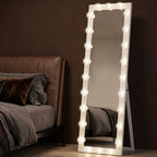 Ganzkörperspiegel 150x40 cm LED Spiegel mit 24 Glühbirnen 3 Lichtfarbe, freistehend oder anlehnbar Weiß