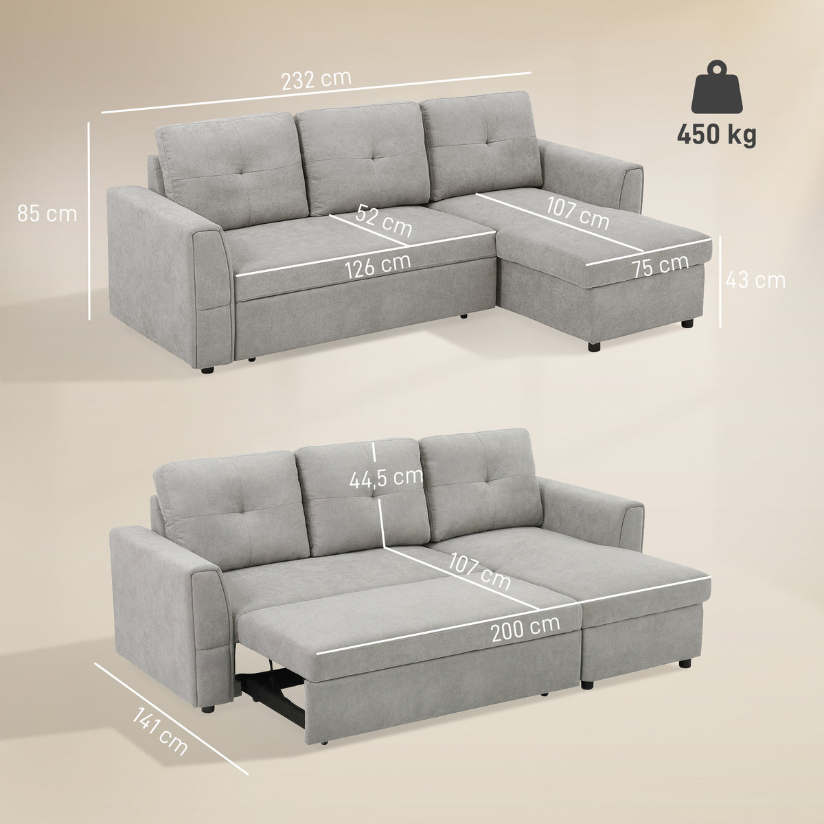 3-Sitzer-Sofa mit Bettfunktion, Schlafsofa mit Chaiselongue, Polstersofa, Grau