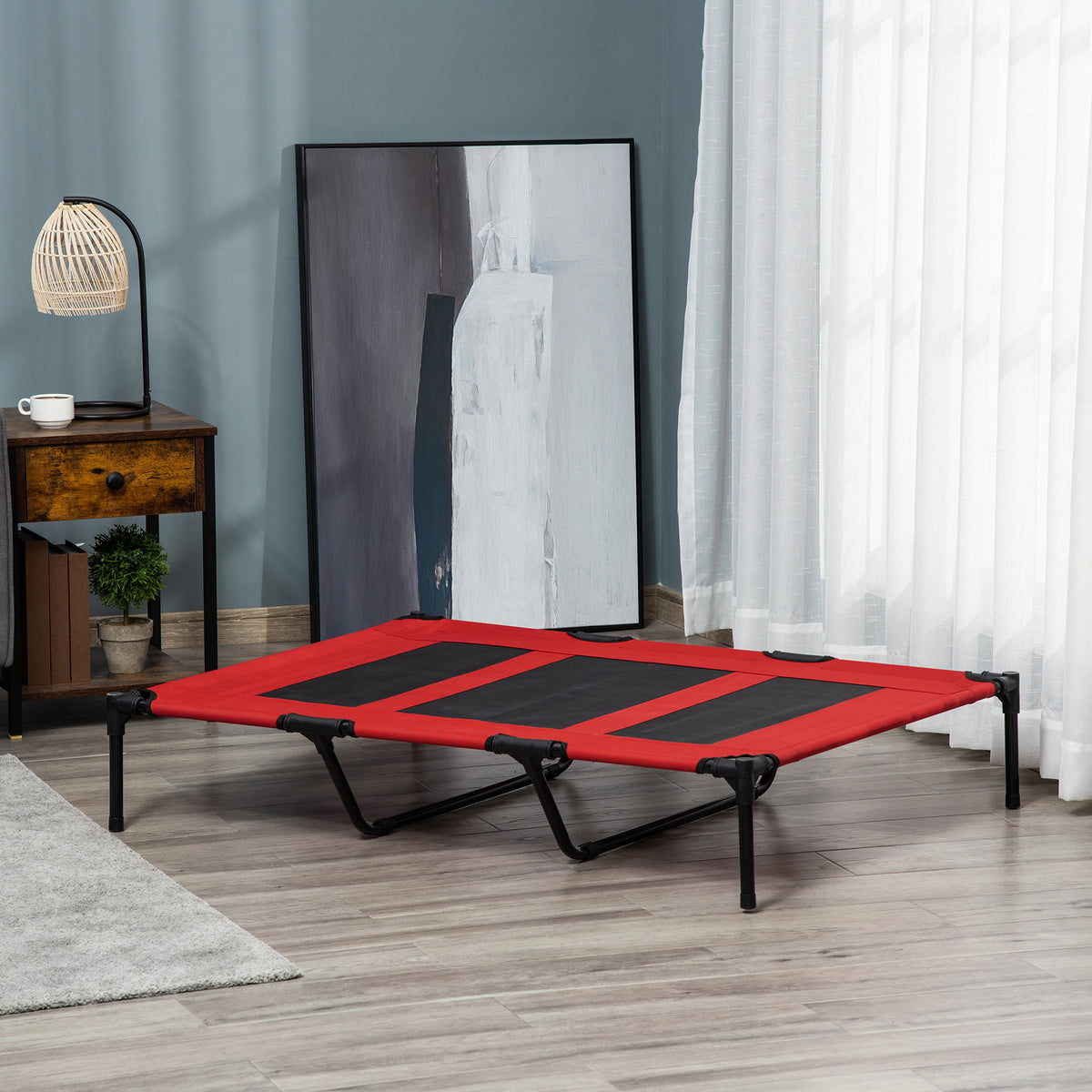 Hundebett, faltbar, Outdoor-Hundebett, erhöhter Stand, 122 cm x 92 cm x 23 cm, Rot + Schwarz