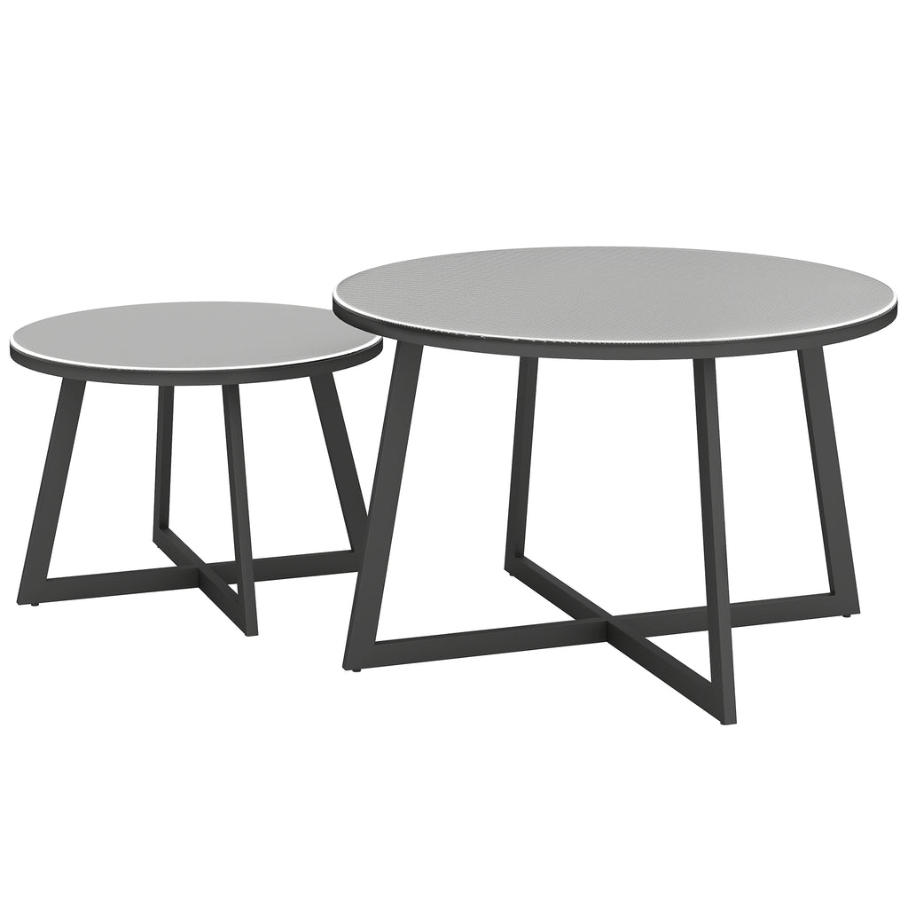 2er Set Beistelltisch Stapelbar Gartentisch Rund wetterfest Balkontisch mit X-Beine Glasplatte Stahl Schwarz+Grau