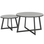 2er Set Beistelltisch Stapelbar Gartentisch Rund wetterfest Balkontisch mit X-Beine Glasplatte Stahl Schwarz+Grau