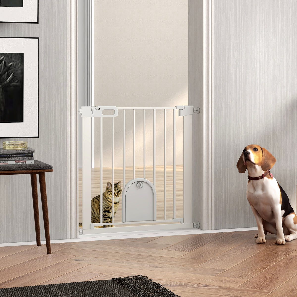 75-82cm Pet Safet Gaye, Pressure Fit Stair, with Cat Flap, Double Locking, White