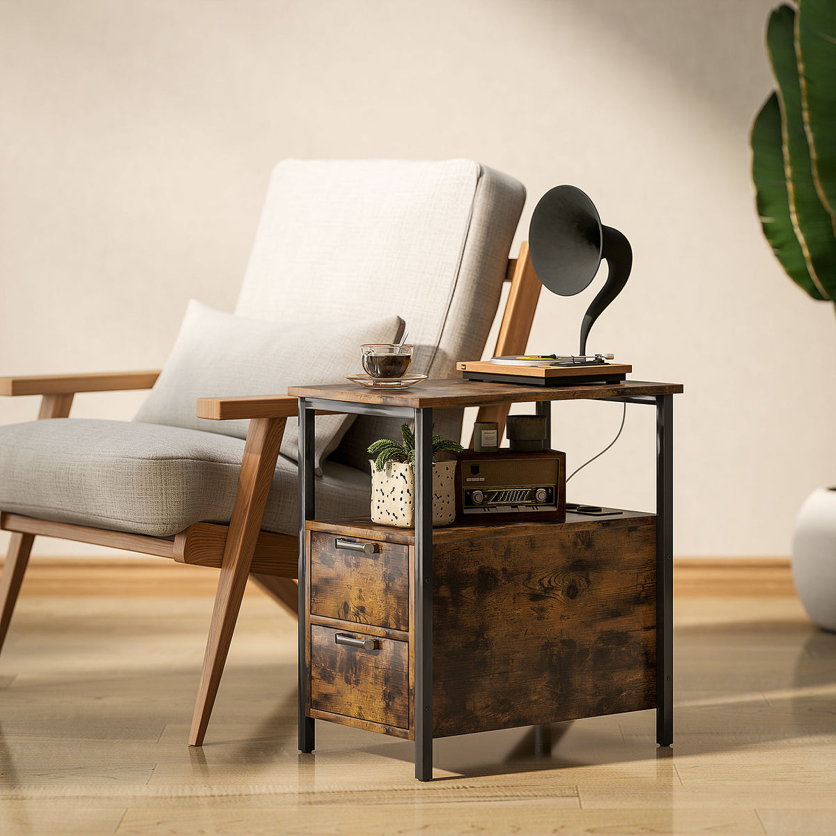 Beistelltisch mit Aufladestation, USB-Anschl¨¹ssen, Steckdosen, 2 Schubladen und Regal f¨¹r Wohnzimmer, Schlafzimmer