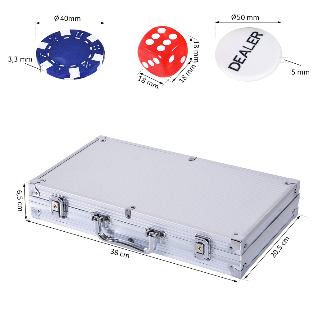  Poker Chips Set 300 PCs Casino Game Striped Dice 2 Decks of Cards Silver Aluminium Case