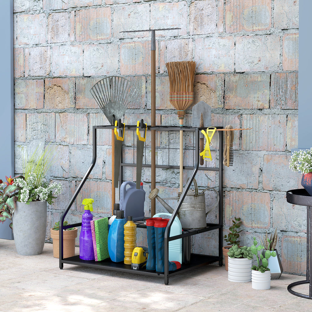 Garden Tool Storage Rack, 3-Tier Garden Tool Rack with 11 Hooks for Long-Handled, Broom, Shovel, Rake, Holds 20 Tools