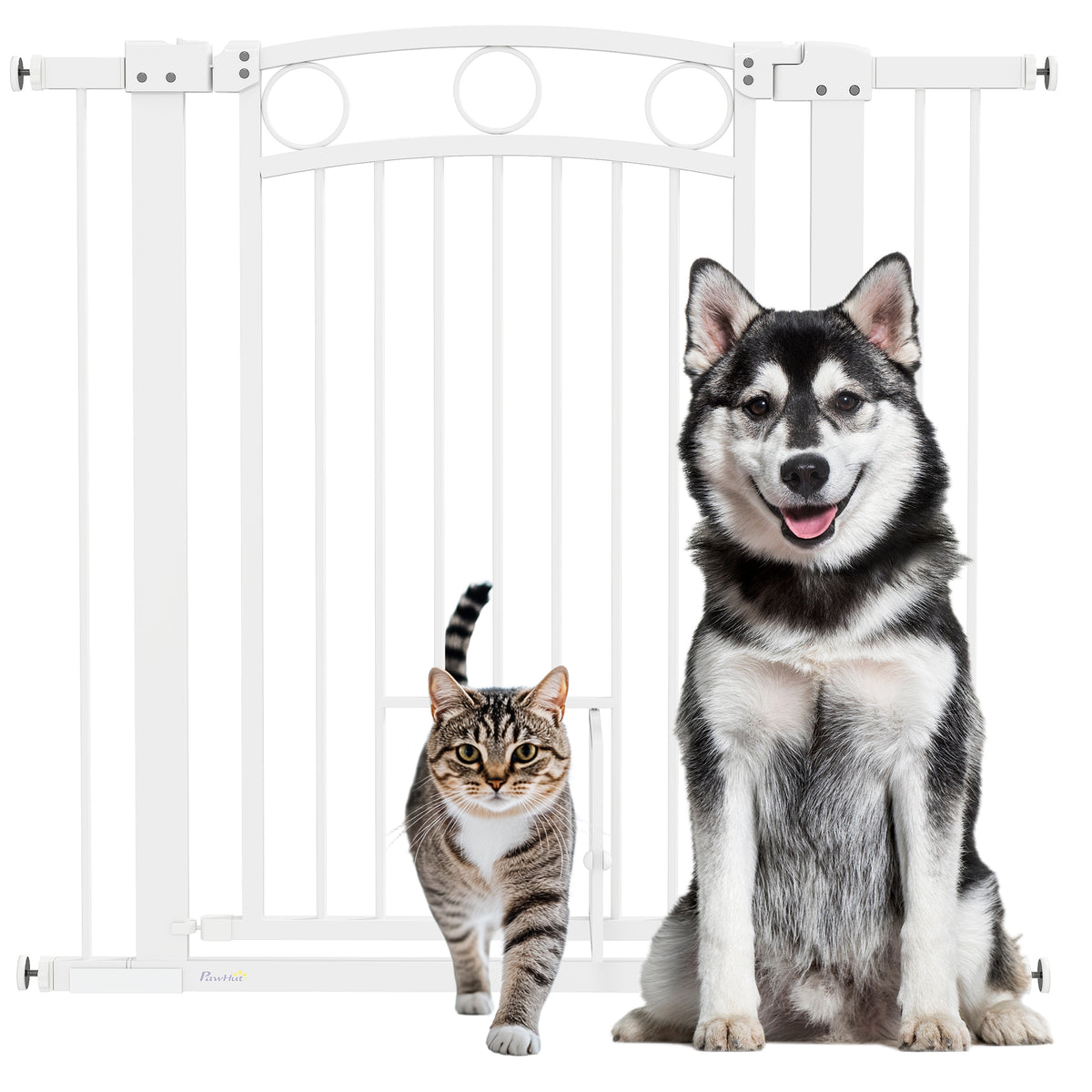 96cm Tall Dog Gate with Cat Door, 7cm and 14cm Extensions, for Stairs, Doorways, 76-104cm Width