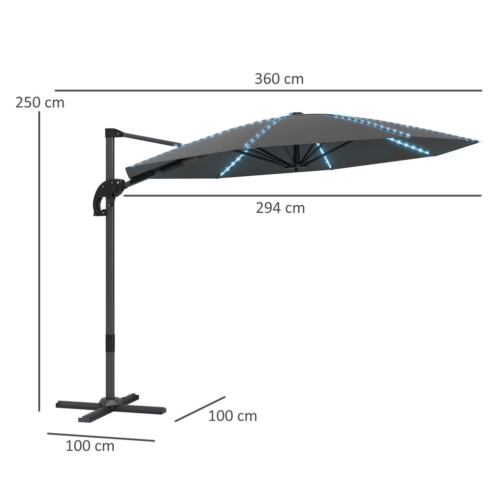 3(m) Cantilever Garden Parasol with Solar Powered Lights, Crank Handle & Cross Base, UPF 50+, 360¡ã Rotation, Dark Grey